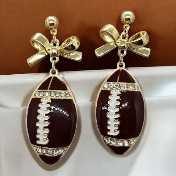 Rhinestone Football Earrings Women's Brown Enamel Gold Dangle Jewelry Pierced - Picture 1 of 7